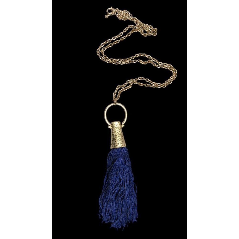 Hammered Gold Tone Tassel Pendant Necklace With Blue Tassel